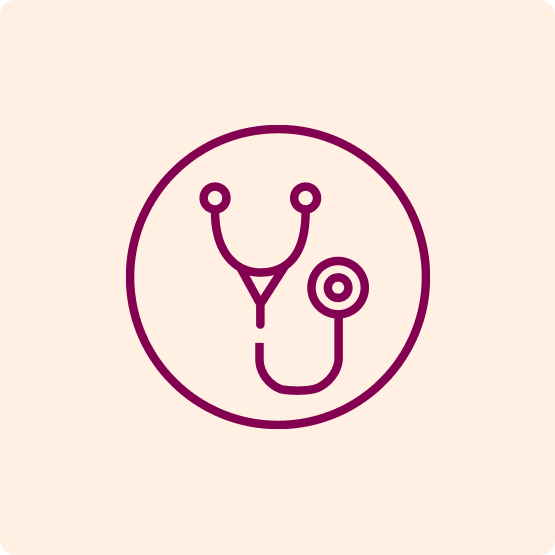 Ícone minimalista de estetoscópio em círculo, representando cuidados médicos e serviços de saúde.