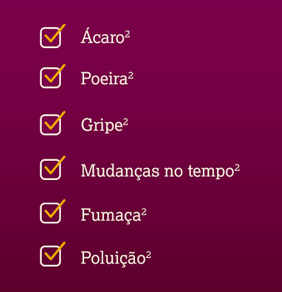 Checklist em fundo roxo‑rosado com seis itens relacionados a fatores que podem causar alergias ou asma.