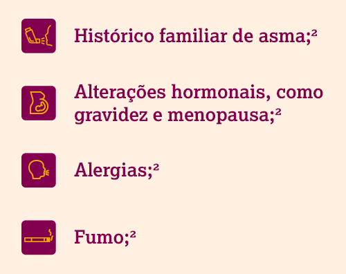 Lista em fundo claro com ícones destacando fatores que podem contribuir para problemas resíratórios como asma.